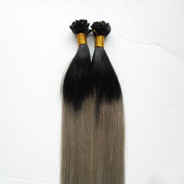 Virgin Chinese Straight Remy Hair 100s Two tone ombre Pre Bonded kératine Nail U TIP Extensions de cheveux humains Noir et gris Ombre Virgin Hair