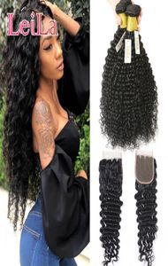 Cheveux vierges vague profonde 4 paquets avec fermeture à lacets malaisien 100 trame de cheveux humains non transformés bouclés complet Hair3360635