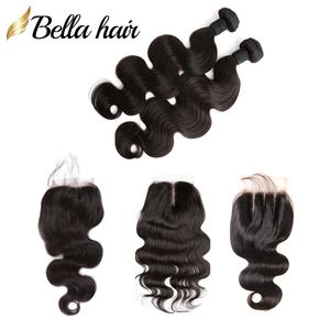 Bundles de cheveux humains vierges malaisiens avec fermeture Body Wave Top Lace Fermeture 4x4 Partie libre Partie centrale 3 parties Extension de trame de cheveux Bellahair