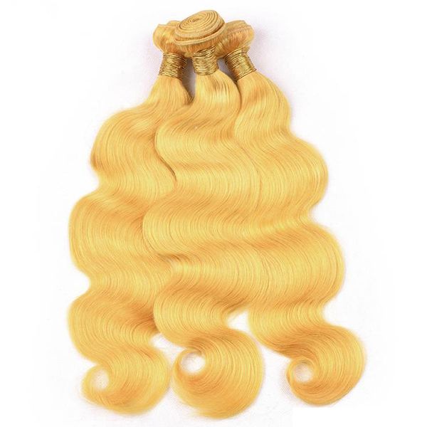 Tramas de tejido de cuerpo amarillo puro de cabello humano de Malasia virgen 3 paquetes de extensiones de cabello humano de Remy de onda de cuerpo de color amarillo claro