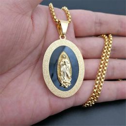 Collar con colgante de la Virgen María, oro amarillo de 14 quilates, joyería cristiana para hombres, collar con medalla ovalada milagrosa de la Señora de Guadalupe