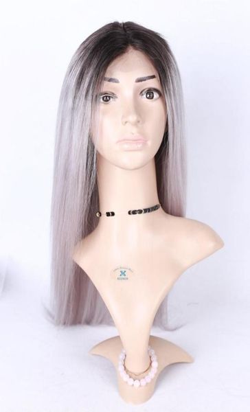 Virgin Peruvian 1b Grey Two Tone Lace Full Lace Human Hair Wigs Ombre 1B Gris Pelucas delanteros Nudos blanqueados Densidad Full Densidad709199417618