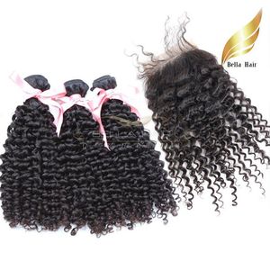paquetes de cabello peruano con cierre de encaje 4x4 extensiones de cabello humano ondulado rizado rizado color natural 4pcs / lot bellahair