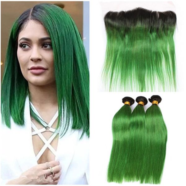 Extensions de cheveux humains vierges péruviens Ombre vert tisse avec fermeture frontale droite 1B / faisceaux de cheveux vert Ombre avec dentelle frontale 13x4