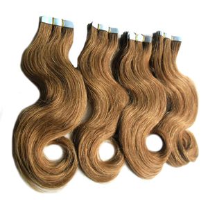 Extensions de cheveux de bande vierge indien # 6 ruban adhésif brun moyen dans les cheveux 80 pcs ruban sans couture vague de corps dans les extensions de cheveux humains 200g