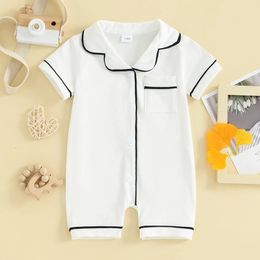 Visgogo Baby Pyjamas Rompers Turndown Collar Short Sleeve Sleepwear Knoppen Pocket Bable Sleepers Bodysuits 240325