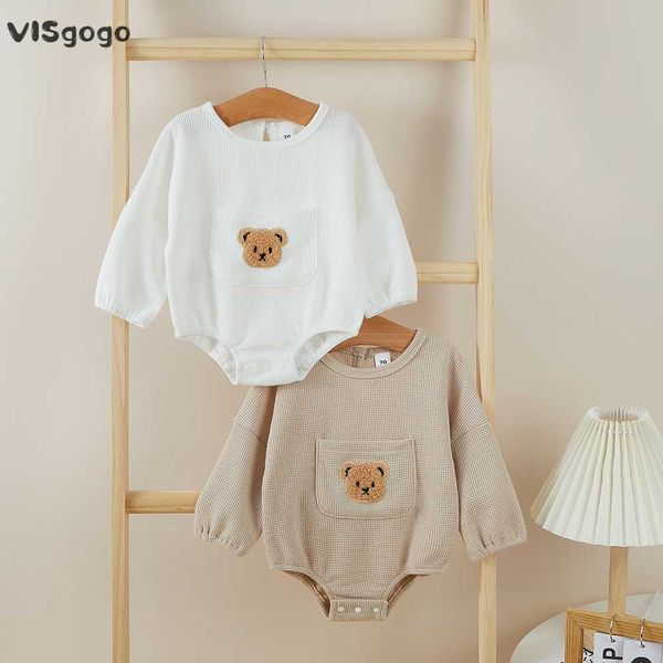 VISgogo bebé primavera otoño mameluco lindo oso bordado manga larga bolsillo frontal mono bebé niña niños ropa Casual L230625