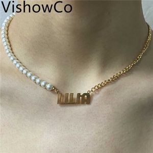 VISHOWOCO Aangepaste naam gepersonaliseerde parelgouden hanger naamplaatje ketting voor vrouwen sieraden cadeau