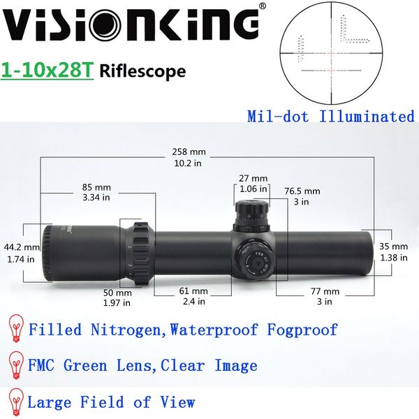 Visionking 1-10x28 Alcance del rifle de caza Precisión Torreta Localización Retícula impermeable Tubo de 35 mm FMC Vista óptica iluminada para 30-06 308 Riflescope