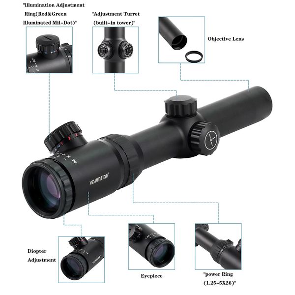 Visionking 1.25-5x26 Rifle Scope IR Hunting 30 mm lunette de visée à trois broches Bonne qualité Air Airsoft Lot