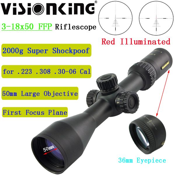 Visionking 3-18x50 FFP Riflescope Torreta Bloqueo Táctico Tactical de largo alcance Illuminado Primer enfoque Avión Caza de caza Airsoft Optical Sight .223 .308.