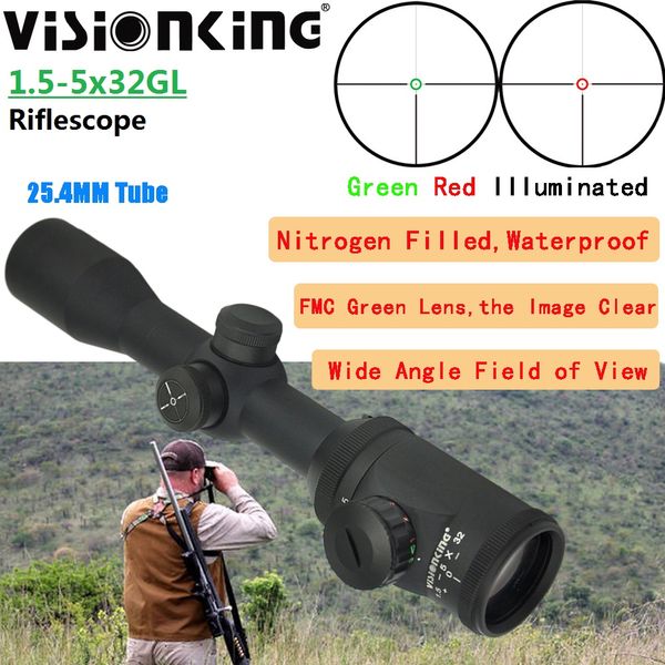 Visionking gran angular 1.5-5x32 Riflescope de caza 25.4 mm Tubo iluminado verde rojo verde largo alcance óptico