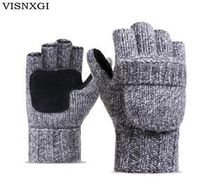 VISNXGI Trabajo Grueso Masculino Guantes sin dedos Hombres Mujeres Lana Invierno Cálido Dedo expuesto Manoplas de punto Cálido Flip Medio dedo Guantes C6353363