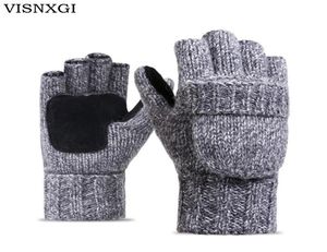 VISNXGI Werk Dikke Mannelijke Vingerloze Handschoenen Mannen Vrouwen Wol Winter Warm Blootgestelde Vinger Wanten Gebreide Warme Flip Half Vinger Handschoenen C4579639