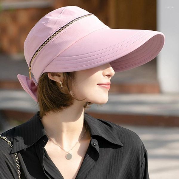 Visières 2023 Chapeau d'été Casquette amovible avec fermeture éclair Vide Anti-UV Chapeaux de soleil Dames Coton Pliable Large Bord Visière Casquettes