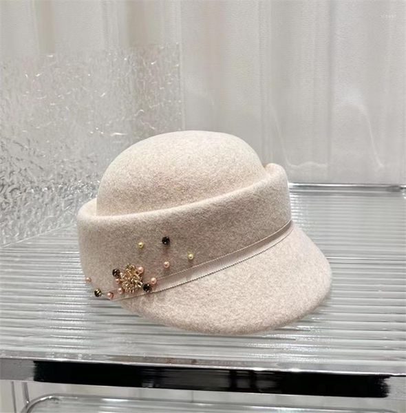 Visières 202308-dudu Chic Ins hiver japon fait à la main fleurs perlées laine feutre dame casquette équestre femmes chapeau de loisirs