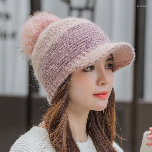 Visors otoño e invierno damas gorra tejido de lana calienta mujer algodón de algodón costuras de color listón de cuenca simple