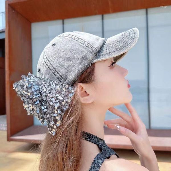 Viseras Cool Girl verano otoño gorras de béisbol para mujer lazos de lentejuelas originales sombrero para el sol Jeans moda para mujer gris 2023 H002