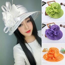 Visières Élégant Été Organza Soleil Chapeaux pour Femmes Large Bord Avec Grande Fleur Fedora Chapeau De Mode Dames De Mariage Église Fête 230804