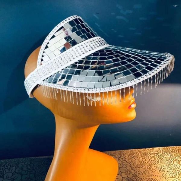 Visors sombreros de decoración de discoteca con brillo con gorra de vidrio espejo retráctil impresionante