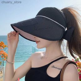 Visors New Style Coréen Grand chapeau de Sunshade Brim pour femmes Hat de haut vide en plein air pour le vent pour le chapeau de soleil en été en été Y240417