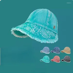 Visières rétro Denim lavé bord rugueux seau chapeau femmes printemps et été polyvalent visage petit chapeau de Protection solaire