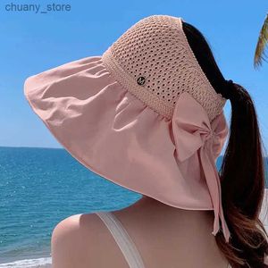 Visors Rimiut gebreide holle vlinder Bow Sun hoeden voor vrouwen zomerreishoed met brede randbescherming mode mode strandstijl hoed y240417