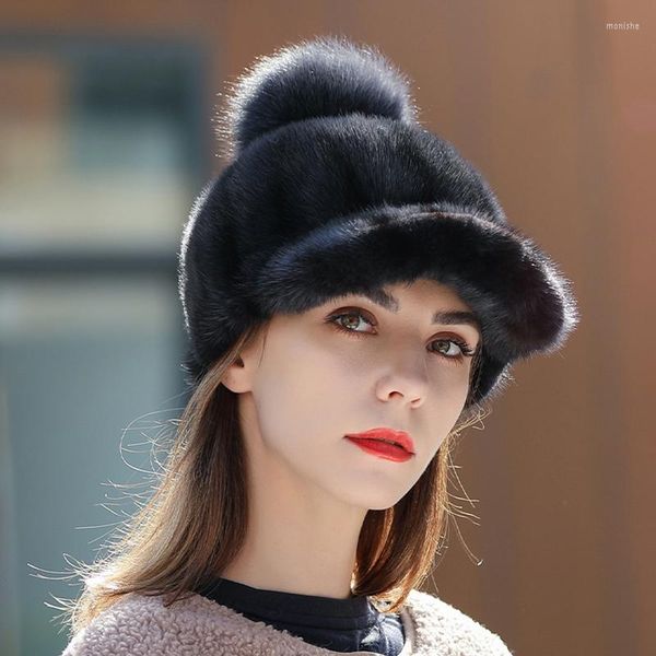 Gorro de esquí de piel rusa para mujer, gorros cálidos de visón Real con orejeras, gorro de lavabo, sombreros elegantes con pompón