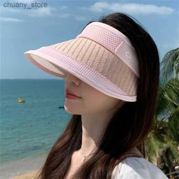 Visors Zomer Nieuwe Sunshade Hat-Koreaanse stijl Fashion Lege Top Hat Anti-UV Outdoor Grote rand Face-bedekkende zon Hatsunscreen Hoed Y240417