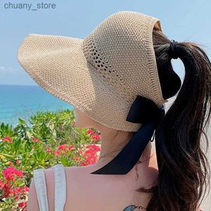 Visors Summer Plaw Hat For Women Korean Bow Top Top Top Sun Suns Pliable UV Protection largeur Brim Female Visor de plage Caps Y240417