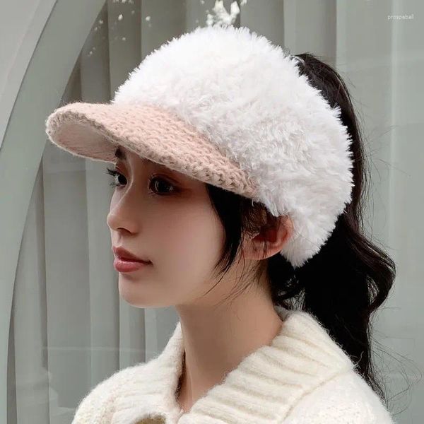 Visière chapeaux pour femmes 2023 mode deux couleurs en peluche tricoté femme en plein air hiver chaud coupe-vent sport casquette de Baseball