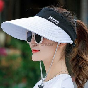 Visors brede rand hoeden emmer hoeden 2021 eenvoudige vrouwen zomerzon vizier brede rand hoed strand hoed verstelbare uV -bescherming vrouwelijk cap packable 24412