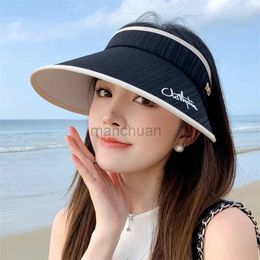Visors brede rand hoeden emmer hoeden nieuwe stijl hoed voor vrouwen in de zomer-outdoor anti-uv grote riem zonneschade hoedmode en veelzijdige lege tophoed zonnebrandcrème zonnebrandcrème 24412