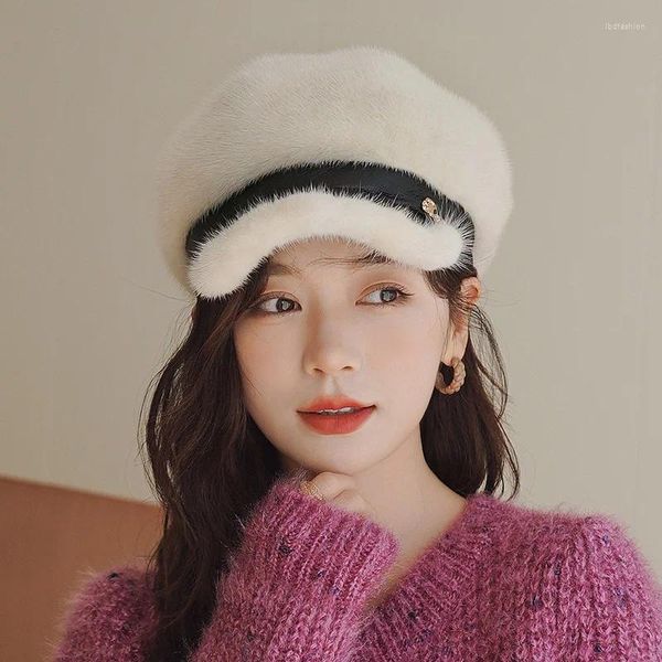 Viseras de invierno cálida boina de pelo para mujer, gorro de visón a la moda, tendencia informal coreana, piel de oveja auténtica a prueba de invierno