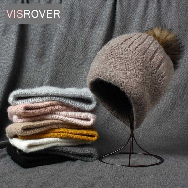 VISROVER 10 lapin cachemire unisexe femme chapeau d'hiver avec tissage automne bonnets pompon chaud laine Skullies cadeau 211119