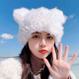 Visrover 6 Colorway Real Rabbit Fur Cat Form Woman Winter Hat herfsthoeden Beste matched Warm Soft Bonnet Skullies Gift J220722