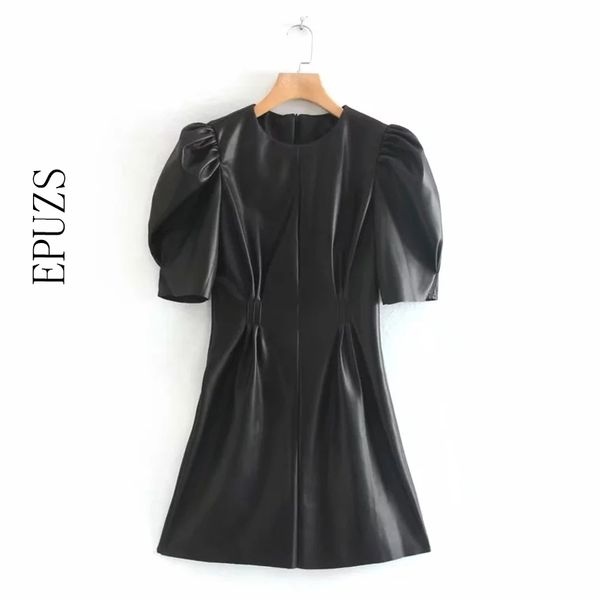 Vitage Puff Sleeve PU Leater Robe Femmes Élégant Sexy Mini Noir Coréen Robes Dames Bureau Travail Casual Es Plein 210521