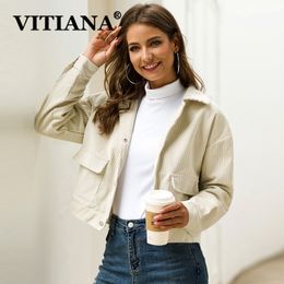 VITIANA Veste courte en velours côtelé Femmes Automne Femme Boutons à manches longues Poches Élégant Manteau court Vestes et manteaux pour femmes 201023