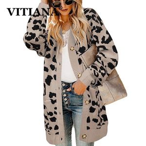 VITIANA Mujer Sexy Rebeca larga Suéter Mujer Otoño Leopardo de un solo pecho Casual Suéteres Abrigo Señoras Ropa de invierno 201111