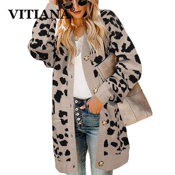 VITIANA Mujer Sexy Rebeca larga Suéter Mujer Otoño Un solo pecho Leopardo Casual Suéteres Abrigo Señoras Ropa de invierno 201030