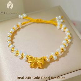 VITICEN Original 24K or 999 perles d'eau douce naturelles Bracelet nœud cadeau de noël cadeau pour femme bijoux fins 240311