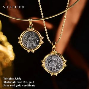 VITICEN véritable or 18 carats Au750 femme ancienne pièce pendentif collier Athena Design Original cadeau pour femme Vintage bijoux fins 240116