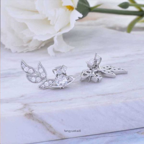 Vivian Boucles d'oreilles Western Empress Dowager Or Argent Plein Diamant Saturne Plumes Ailes Blé Oreille Goujons avec Diamant Boucles D'oreilles Mode Féminine