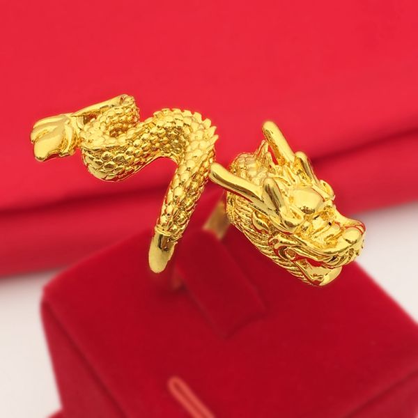 Vivid Dragon Shaped Men Ring Solid 18k Yellow Gold Filled Hip Hop Men's Jewelry Finger Band Size Adjust