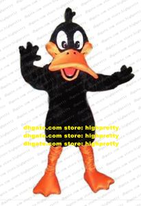 Costume de mascotte vive noir die en lec de canard Duckquack daffy canard mascotte adulte avec un visage heureux pieds orange n ° 331 navire gratuit