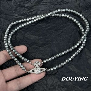 Viviennelies Luxe perle grise parsemée de diamants Saturne attraction magnétique collier créateur bijoutier Westwood pour femme cadeaux de vacances de haute qualité