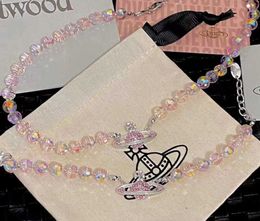 Viviennelies super étincelant cristal rose diamant Saturn collier bracelet ensemble célébrités luxueux bijoutier de créateur à la mode Westwood pour femme cadeaux1