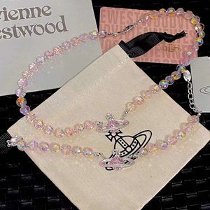 Viviennelies super étincelant cristal rose diamant Saturn collier bracelet ensemble célébrités luxueux créateur de mode bijoutier Westwood pour femme cadeaux