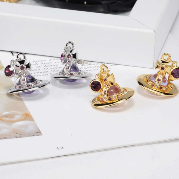 Vivienly Westwoodly Classic Medium Colorful Transparent Perles avec des boucles d'oreilles de plancher de forage en diamant pour les femmes