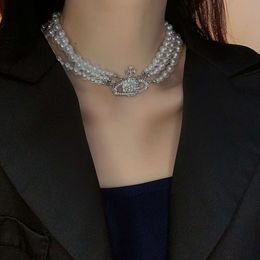 Viviennes Westwoods Saturn diamant incrusté collier de perles multicouche Bracelet planète cou chaîne claviculaire femme